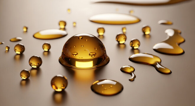 A macro photograph of glowing golden liquid droplets and puddles on a smooth, reflective surface.