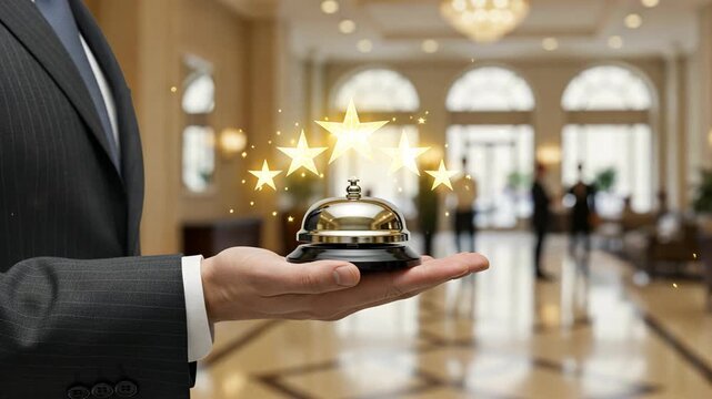 A businessman holding a service bell with five glowing stars, hotel franchise compliance review, hospitality business legal compliance