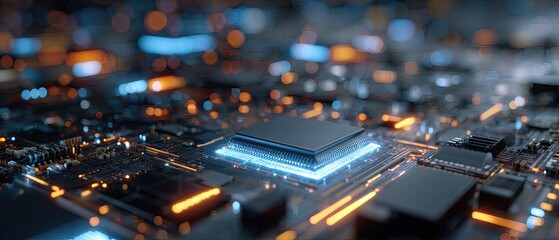 Macro image of a computer's processing unit with glowing lights on a complex circuit board