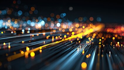 Abstract view of glowing, out-of-focus lights, beams, and threads, in shades of blue, orange, and red