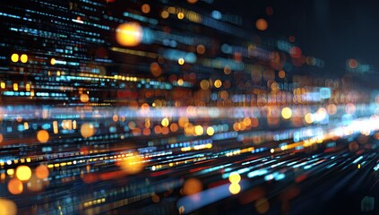 Dynamic abstract visualization of flowing light trails, bokeh, and digital data streams