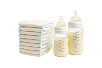 Stack of Baby Diapers and Milk Bottles Isolated on Transparent Background