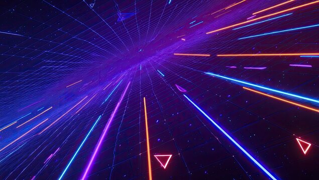 Abstract digital tunnel with vibrant neon lines, grid structure, and geometric elements