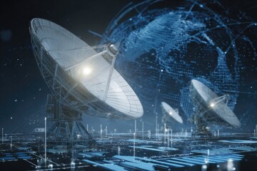 Digital illustration showcasing communication array with dishes, a data world sphere, and abstract circuitry