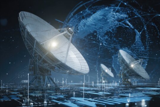 Digital illustration showcasing communication array with dishes, a data world sphere, and abstract circuitry