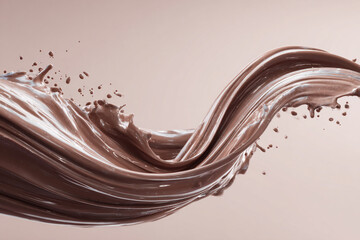 A luscious brown liquid splash forms a dynamic wave with scattered droplets against a soft background inviting indulgence and sweetness a delightful rich texture in motion