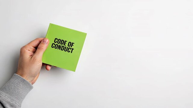 A hand holding a notebook with code of conduct text, employee code of conduct briefing, hospitality business legal compliance