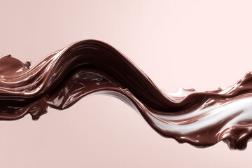A smooth flowing wave of rich dark chocolate liquid with glossy reflections against a light pink background capturing delicious movement