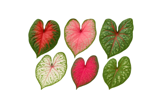 Colorful Caladium Leaves Isolated on Transparent Background