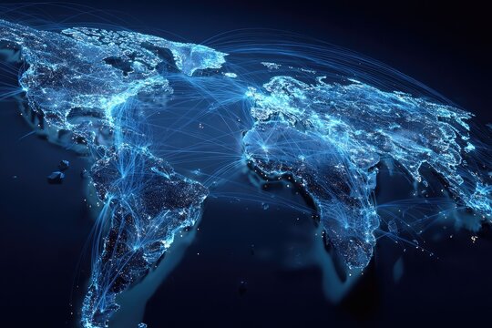 Illuminated world map with interconnected lines representing global networks, data flows, and connectivity