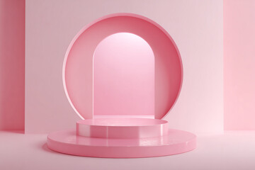 A clean pastel pink display podium stands before a soft illuminated oval archway in a minimalist geometric setting perfect for showcasing products or presentations