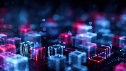 Abstract image of digital cubes glowing with red and blue light, scattered on a dark field