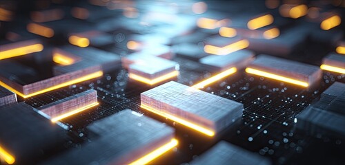 A close-up of futuristic tech components glowing with vibrant orange and bluish tones