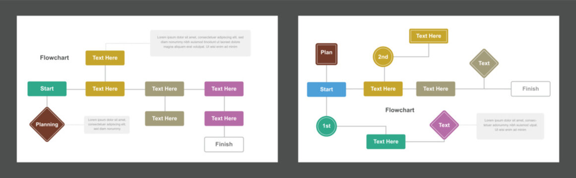 Two Flowchart Templates Displaying Different Processes with Colored Shapes and Text Boxes for Presentations