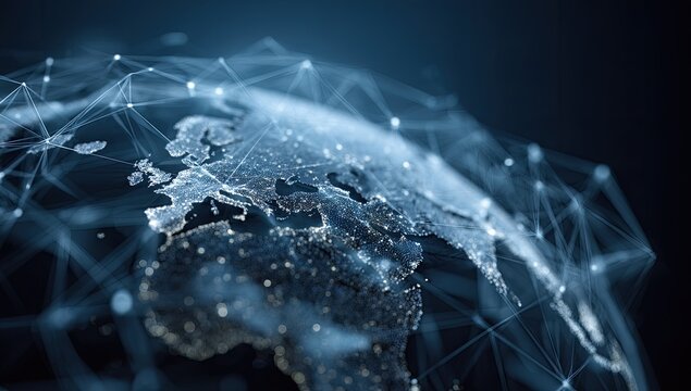 Illuminated globe, overlaid with network connections, symbolizing global communication and technological links