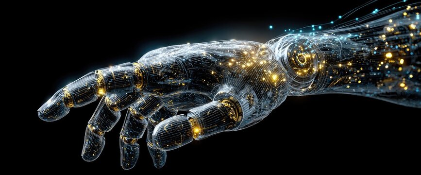 Digital rendering of a translucent robotic arm, emitting streams of data and golden light, set on black