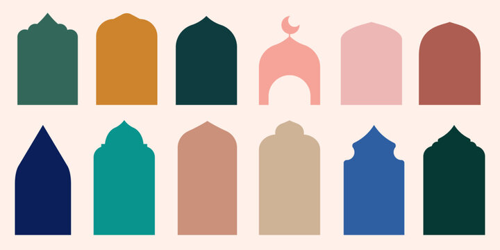 Set of Ramadan Kareem design elements with mosque, crescent moon in flat geometric style, decorative elements