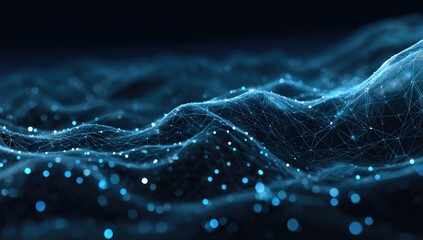 Abstract blue network of connected points and lines, forming waves against a dark background