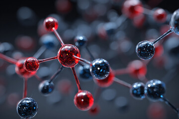 Vibrant red and blue glass-like spheres form an abstract molecular structure in a dark setting showcasing intricate scientific connection and innovative research concepts