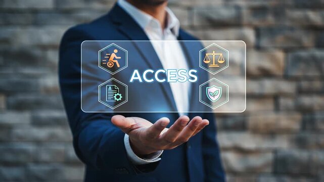 A bsuinessman holding a blazer touching a hologram showing a word access and icons, ada accessibility audit, hospitality business legal compliance