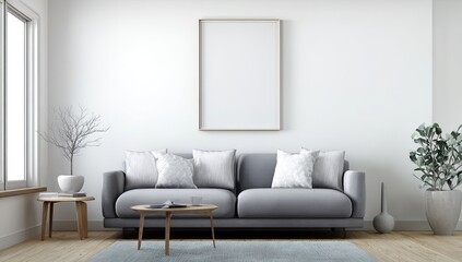 Minimalist living room grey couch, blank frame, light wood side tables, bright