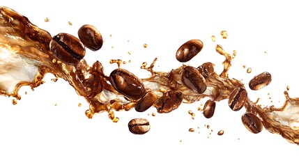 Coffee beans splashing in liquid isolated on white background, creating a dynamic and aromatic scene perfect for beverage or breakfastthemed designs and promotions