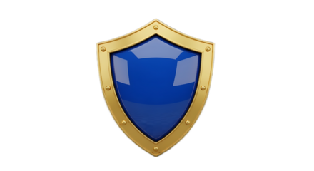 A gleaming blue shield with a golden border isolated against a black background in a studio shot