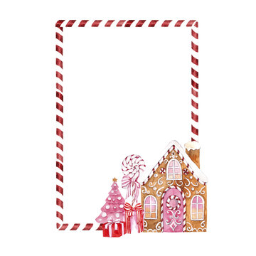 Watercolor frame with candy cane, pink and red Christmas, winter carousel, gingerbread house, tree, nutcracker, lollipop, isolated on white background