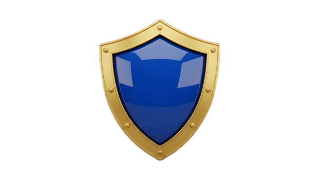 A gleaming blue shield with a golden border isolated against a black background in a studio shot