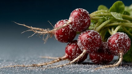Freshly harvested red radishes with roots and soil on a textured surface. Close-up, raw, organic food, farmer's market concept.