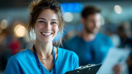 Friendly, smiling female nurse in blue scrubs holding a medical chart in a hospital or clinic corridor, representing healthcare and compassion.