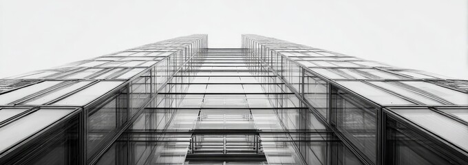 Low-angle, black and white photograph of a modern skyscraper, featuring geometric glass and steel