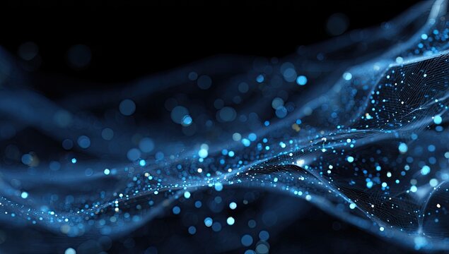Abstract, flowing blue digital particles, a bokeh effect, against a dark background