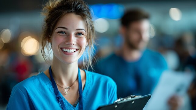 Friendly, smiling female nurse in blue scrubs holding a medical chart in a hospital or clinic corridor, representing healthcare and compassion.