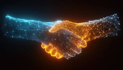 Digital illustration of a handshake composed of glowing blue and orange connected points