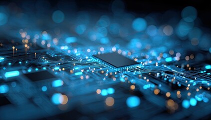 Close-up of a computer circuit board, lit with blue and orange bokeh lights
