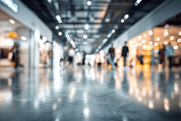 Low-angle perspective of blurred shoppers walking down a brightly lit, spacious indoor corridor