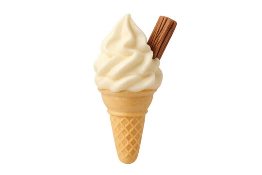 Vanilla soft serve ice cream cone with chocolate stick