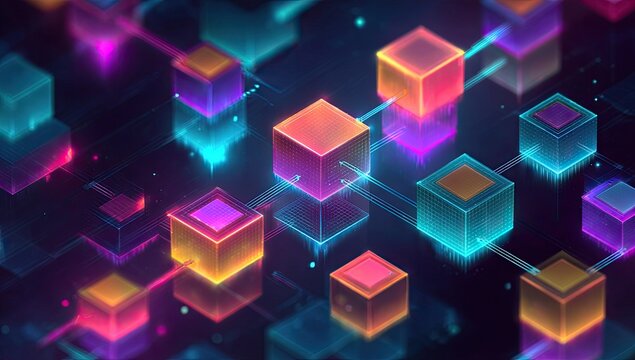Neon-lit, glowing cubes connected by lines in a dark space, forming an abstract network
