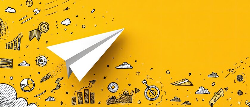 A paper airplane soars across a vibrant yellow background with drawn elements