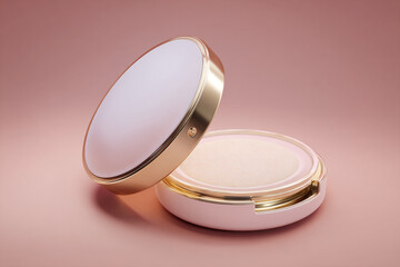 An elegant open cosmetic compact powder in a luxurious pink and gold case showcasing the product on a soft pink surface ready for beauty and makeup applications