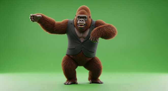 3D rendered brown gorilla character wearing a vest, standing on a green screen background, ready for compositing.