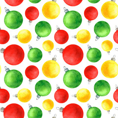 Christmas winter seamless pattern. Xmas, New Year, winter holidays. Multicolored Christmas balls. Watercolor illustration on a white background.