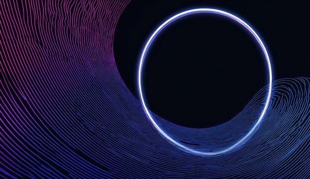 Abstract graphic featuring a vibrant neon circle amidst layered wavy lines and a dark background - Powered by Adobe