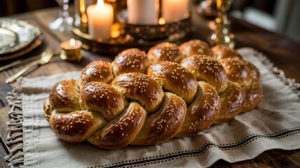 Golden braided bread styled with candles, green sprigs, and soft petals — cozy culinary composition evoking tradition, warmth, and festive atmosphere for recipe design and editorial content.