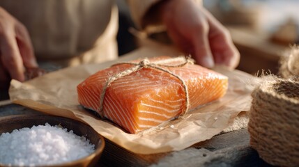Salmon Fillet wrapped with twine on parchment, calm rustic food photography for branding and menu design, showcasing fresh raw seafood, natural light, artisan preparation for culinary