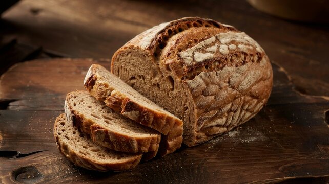 Rustic loaf of bread on wooden surface — crusty scoring, sliced texture, and artisan style for editorial use, baking identity, and food photography storytelling.