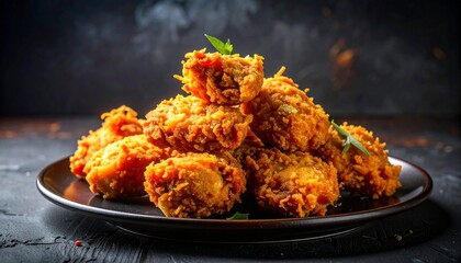 暗い背景に湯気が立ち上る揚げたてサクサクのフライドチキンが黒い皿に山盛りに盛り付けられた食欲をそそる一枚