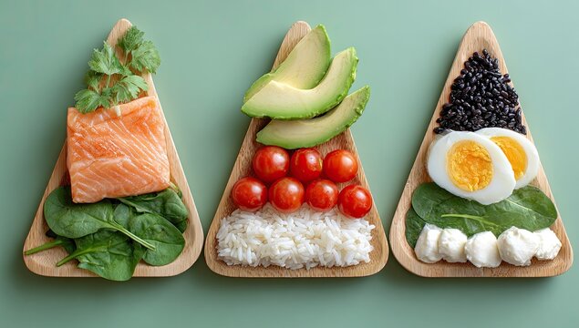 Three wooden triangular plates, each holding a different healthy meal component, arranged in a row against a mint-green backdrop.  Salmon, avocado, and hard-boiled eggs are featured