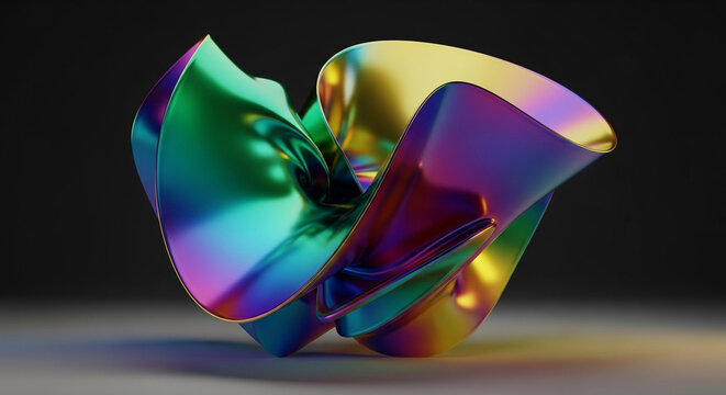 A futuristic abstract sculpture with flowing curves and a vibrant, iridescent metallic surface.
